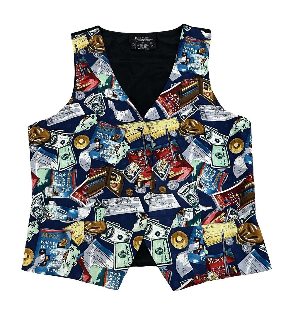 Nicole Miller Silk Vest Money Limited Edition Print Womens Size M Vintage 1993